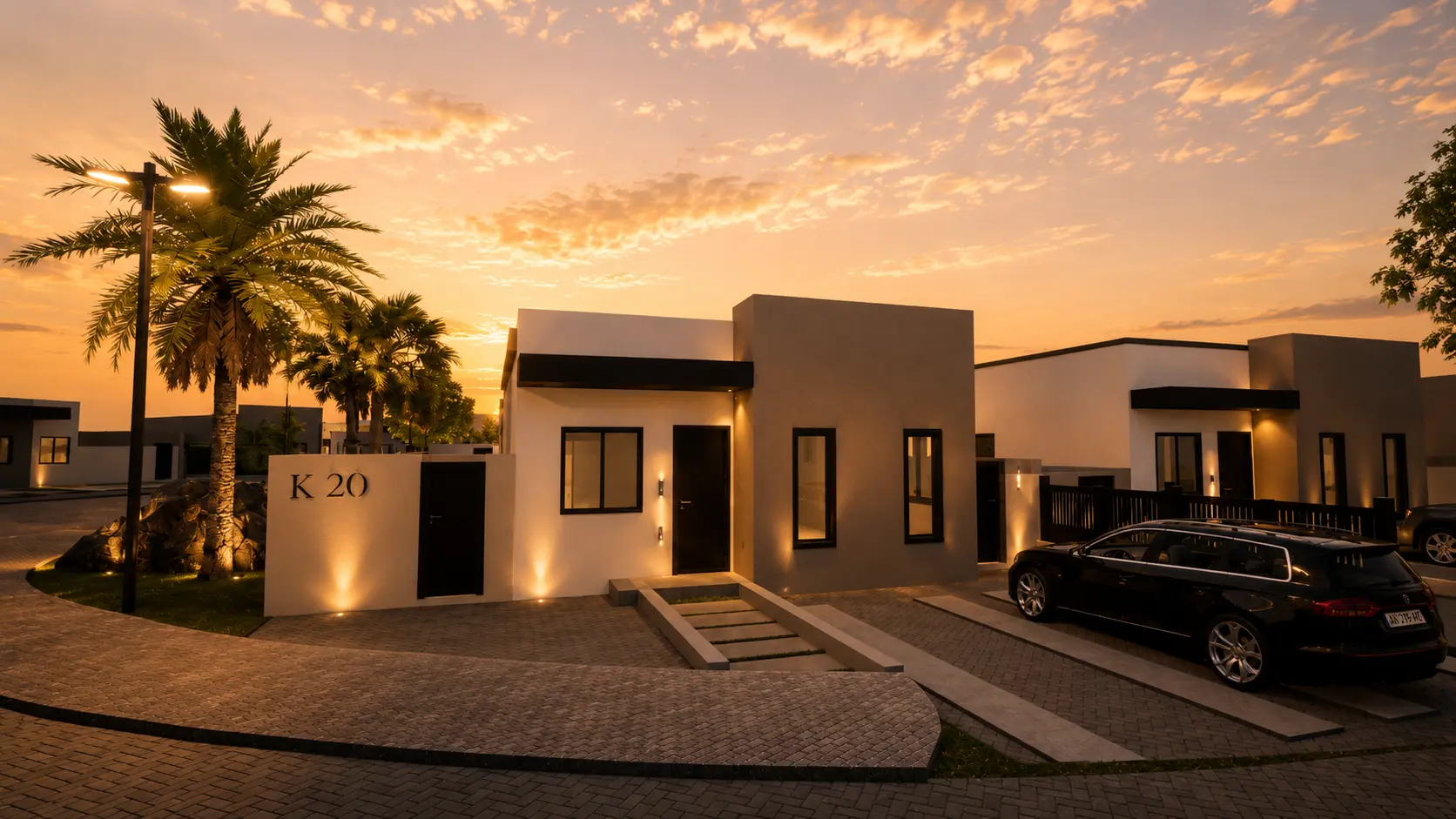 Luca residence exterior at sunset