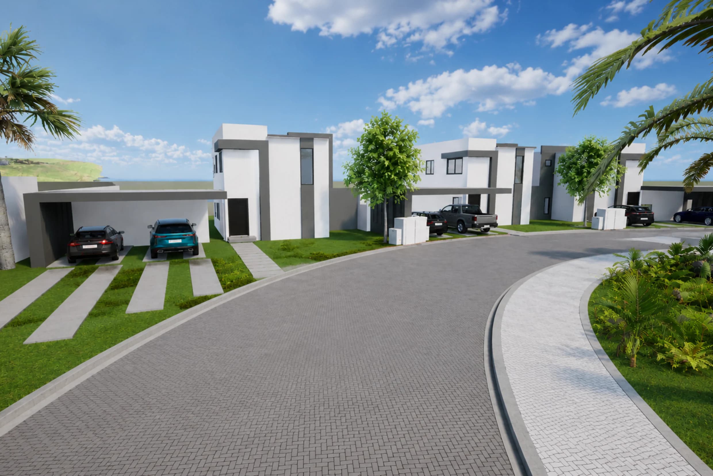 Two-level Audrey residences along a landscaped residential street