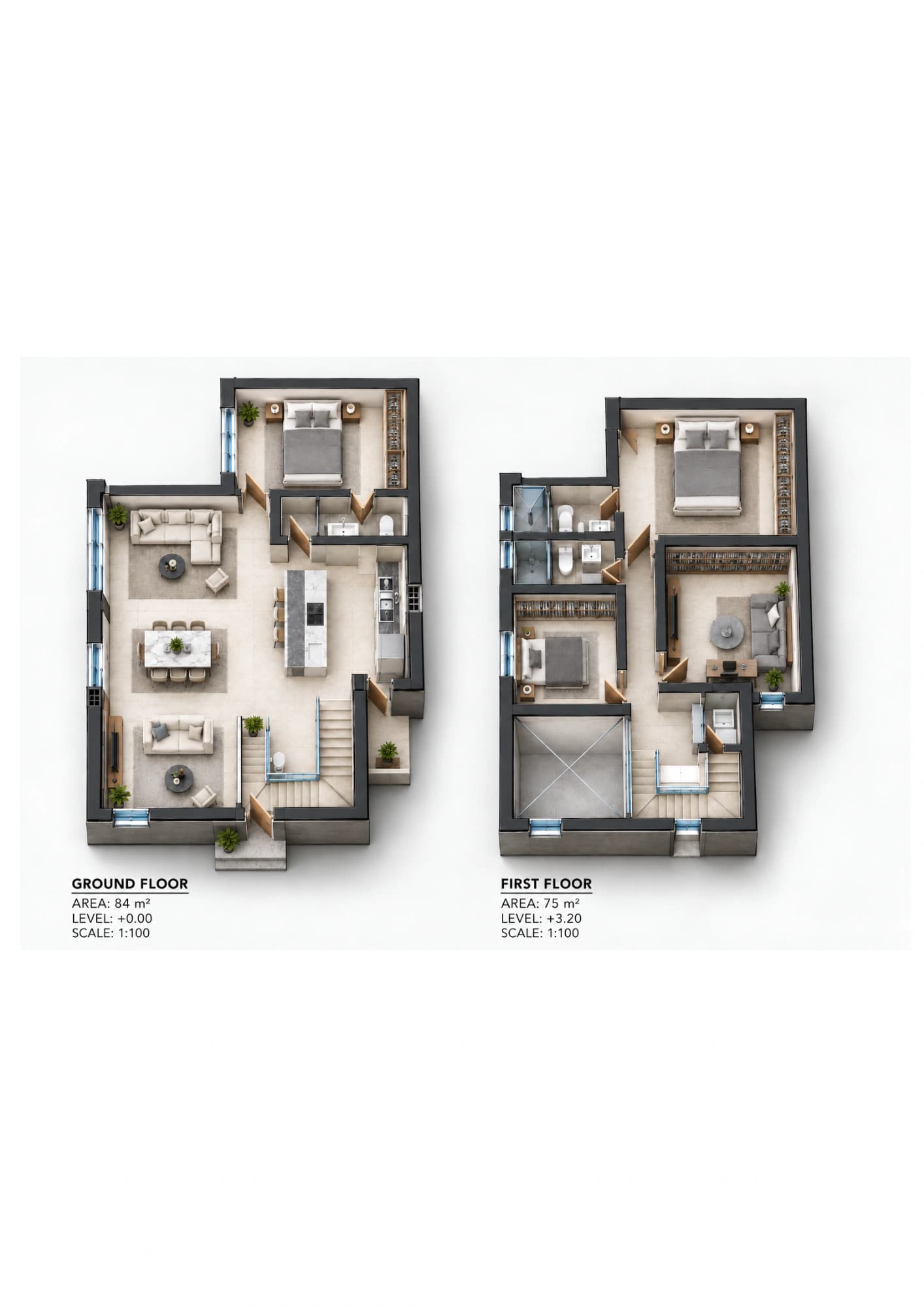 Exploded axonometric ground and first floor view of Audrey